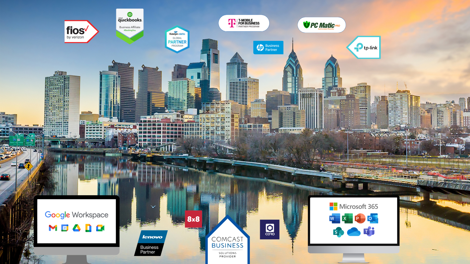 A city skyline at sunset with various technology company logos and services overlaid, including Google Workspace, Microsoft 365, Comcast Business, and several internet and business service providers.