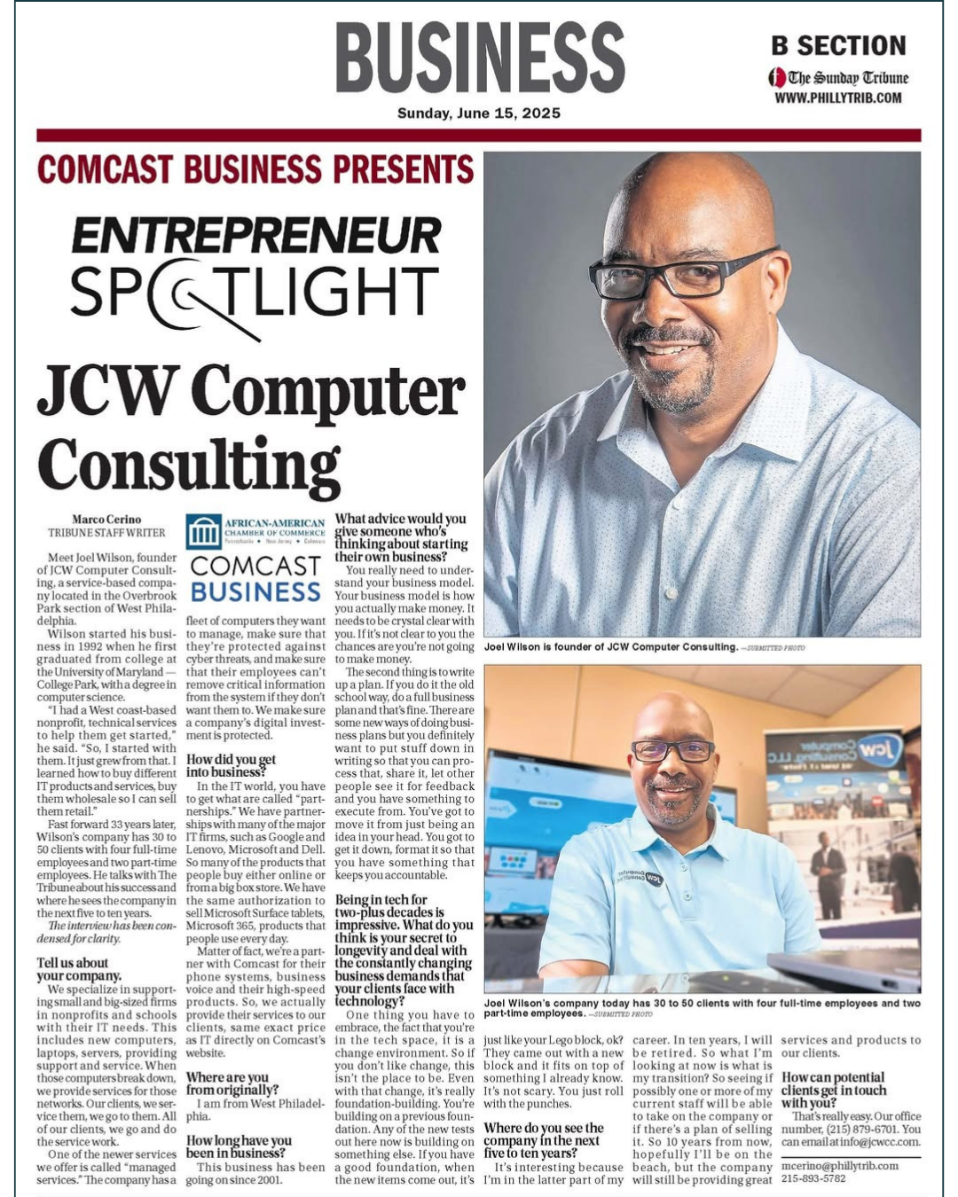 Front page of a business newspaper featuring a story about Joel Wilson, founder of JCW Computer Consulting, with a professional headshot of him and another photo of him at his business.