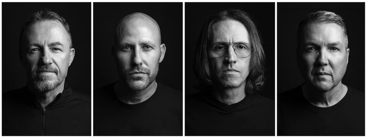Black and white portrait photographs of four members or the band Highway 31 with serious expressions, each in a separate frame.