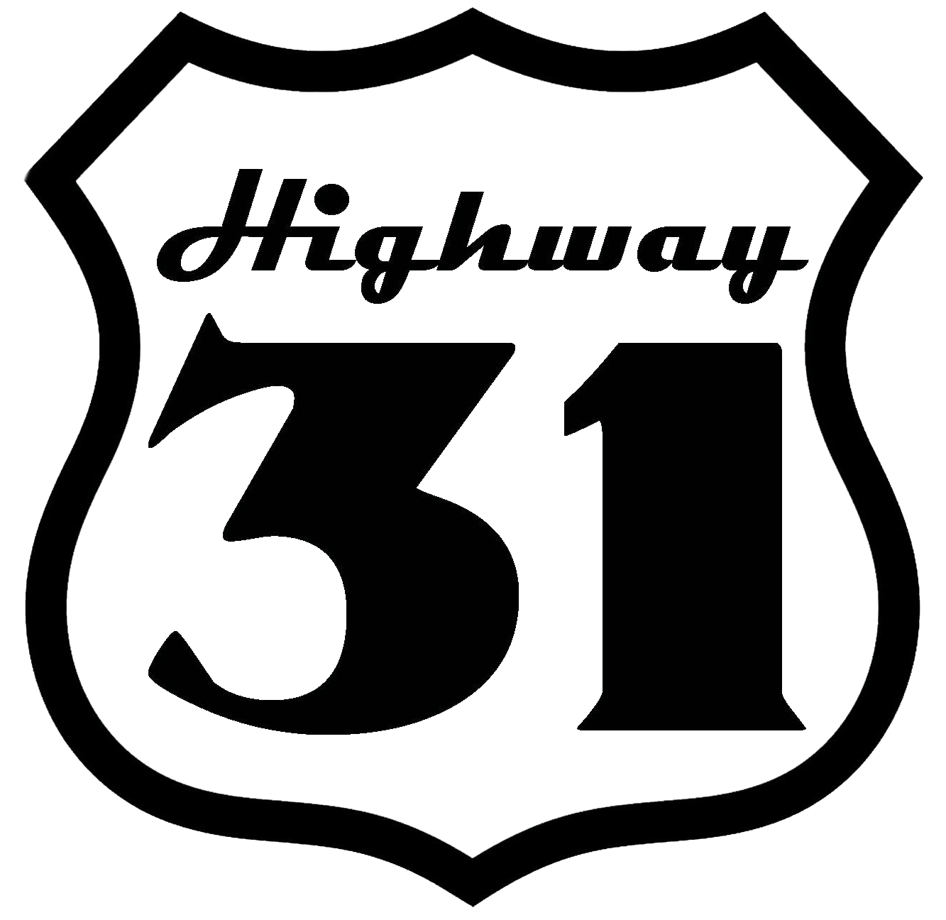 Highway 31 classic "American Highway Shield" logo, in black and white outline on a transparent background.
