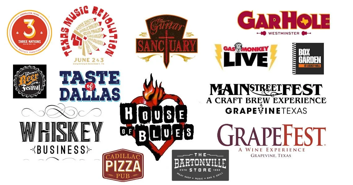 Collection of event and business logos, including Three Nations Brewing Co., Texas Music Revolution, The Guitar Sanctuary, Garhole, Gas Monkey Live, Box Garden, Taste of Dallas, House of Blues, Main Street Fest, Grape Fest, Whiskey Business, Cadillac Pizza Pub, The Bartonville Store, and others.