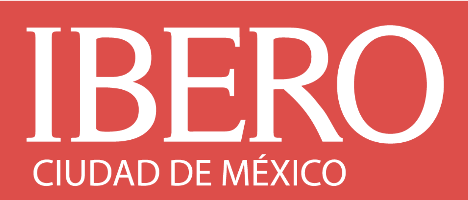 Logo de IBÉRO, Ciudad de México, en fondo rojo con texto blanco.