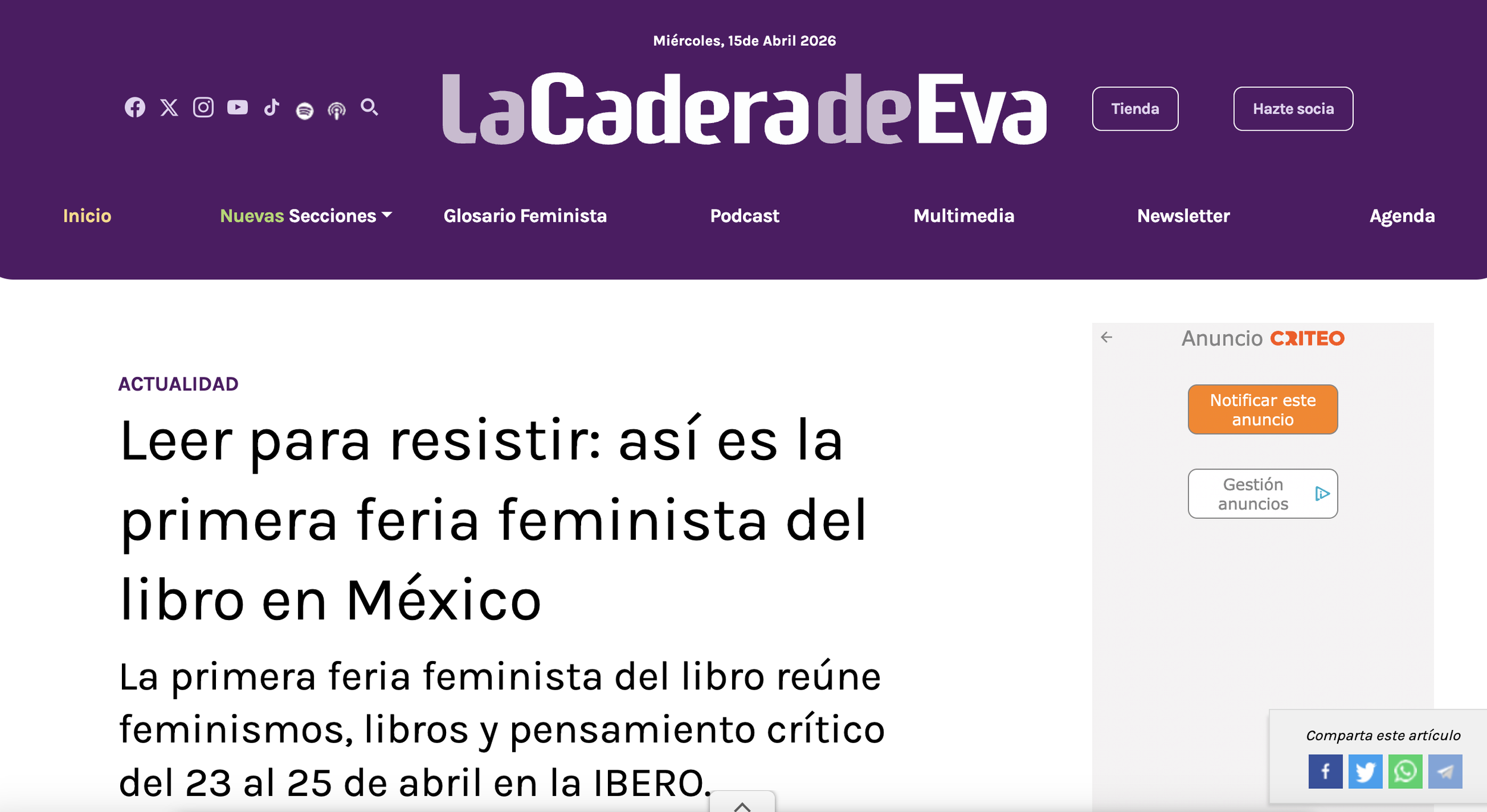 Nota en La Cadera de Eva, 2025.