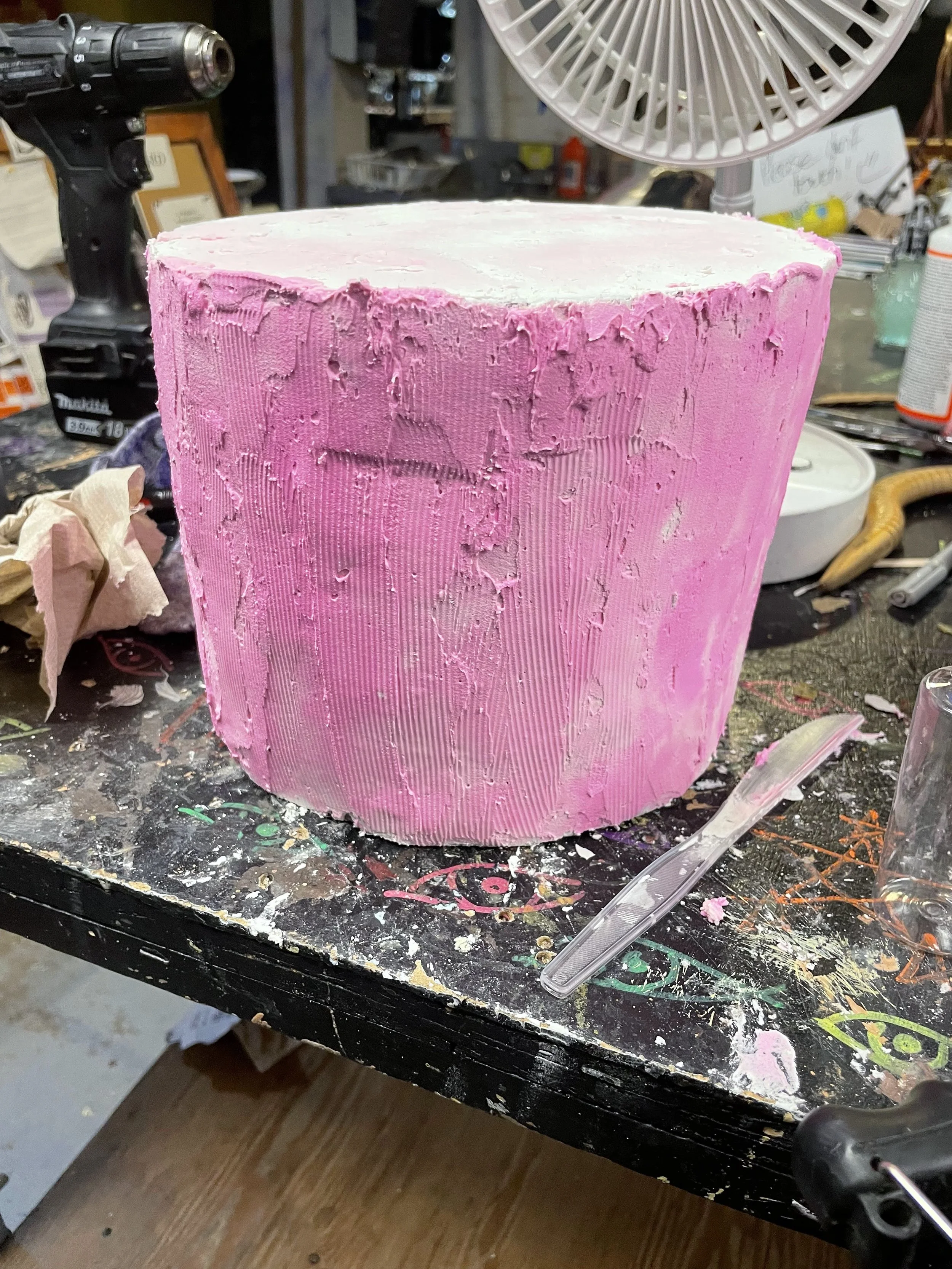 Birthday Cake (in progress), made with pink foam and joint compound