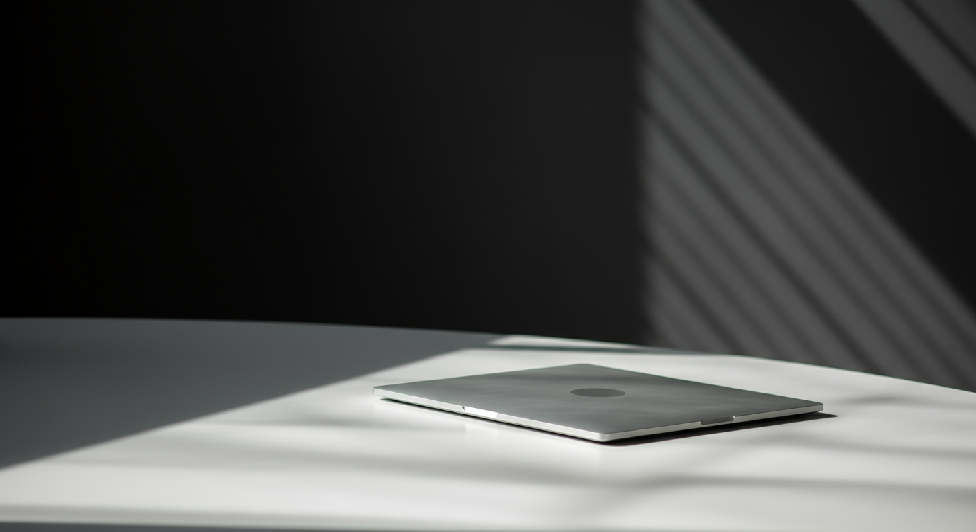 A closed gray laptop or tablet on a white surface, with light and shadow creating a pattern on the surface and background.