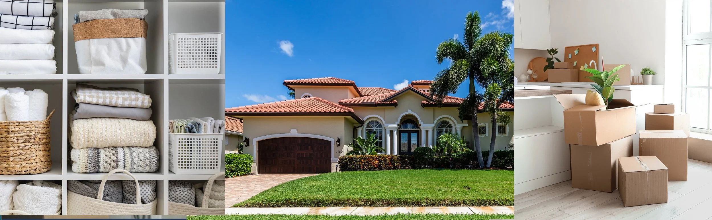 Collage of three images: Shelves filled with folded laundry, a house with a red-tile roof and palm trees, and a room with moving boxes and packing supplies.