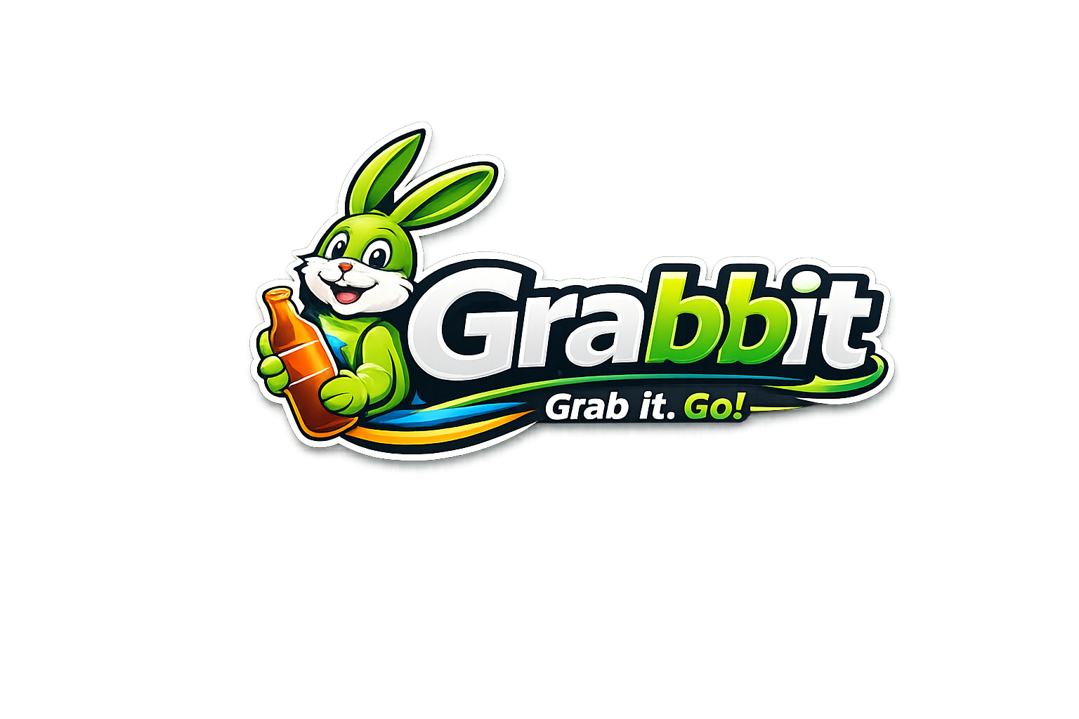 Logo of Grabbit, featuring a happy cartoon rabbit holding a bottle, with the text "Grabbit" and the slogan "Grab it. Go!" in colorful letters.
