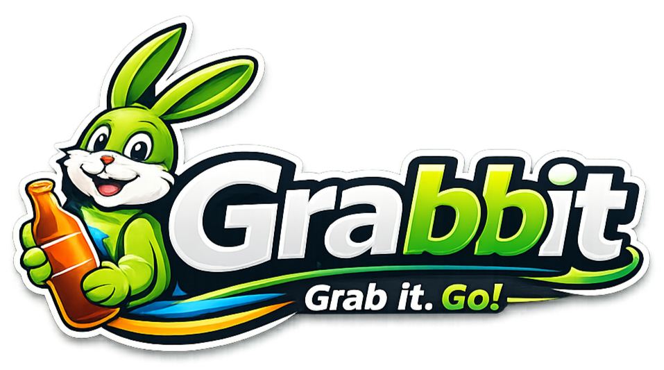 A cartoon rabbit holding a brown bottle, with the text " Grabbit" and a tagline "Grab it. Go!"