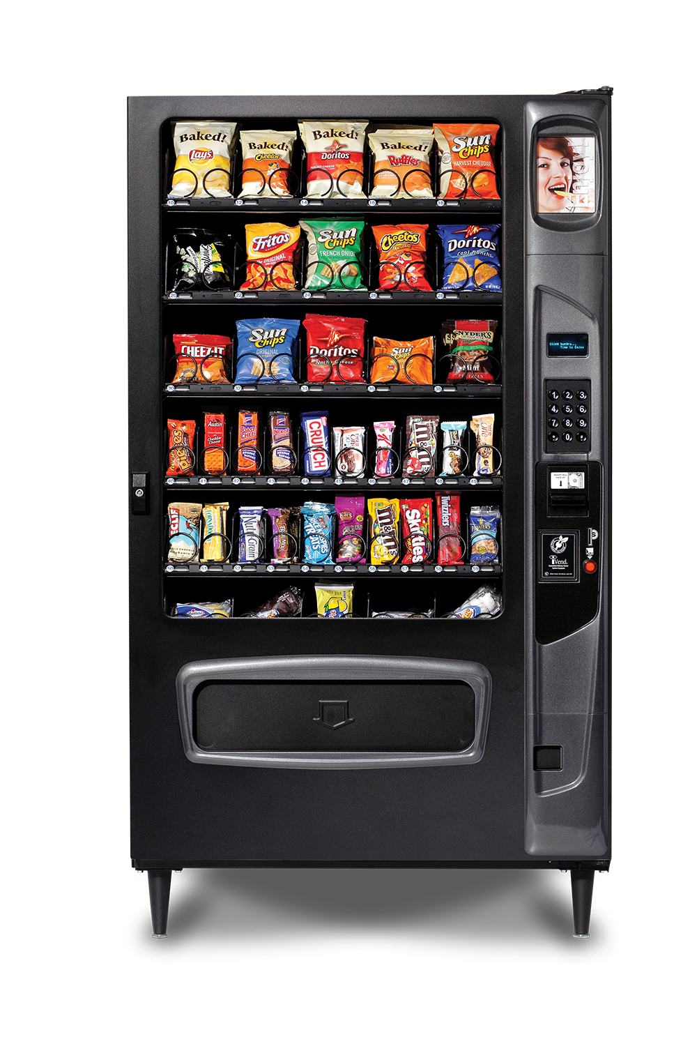 Standard vending machine stocked with various snack bags, including chips, cookies, and candies.