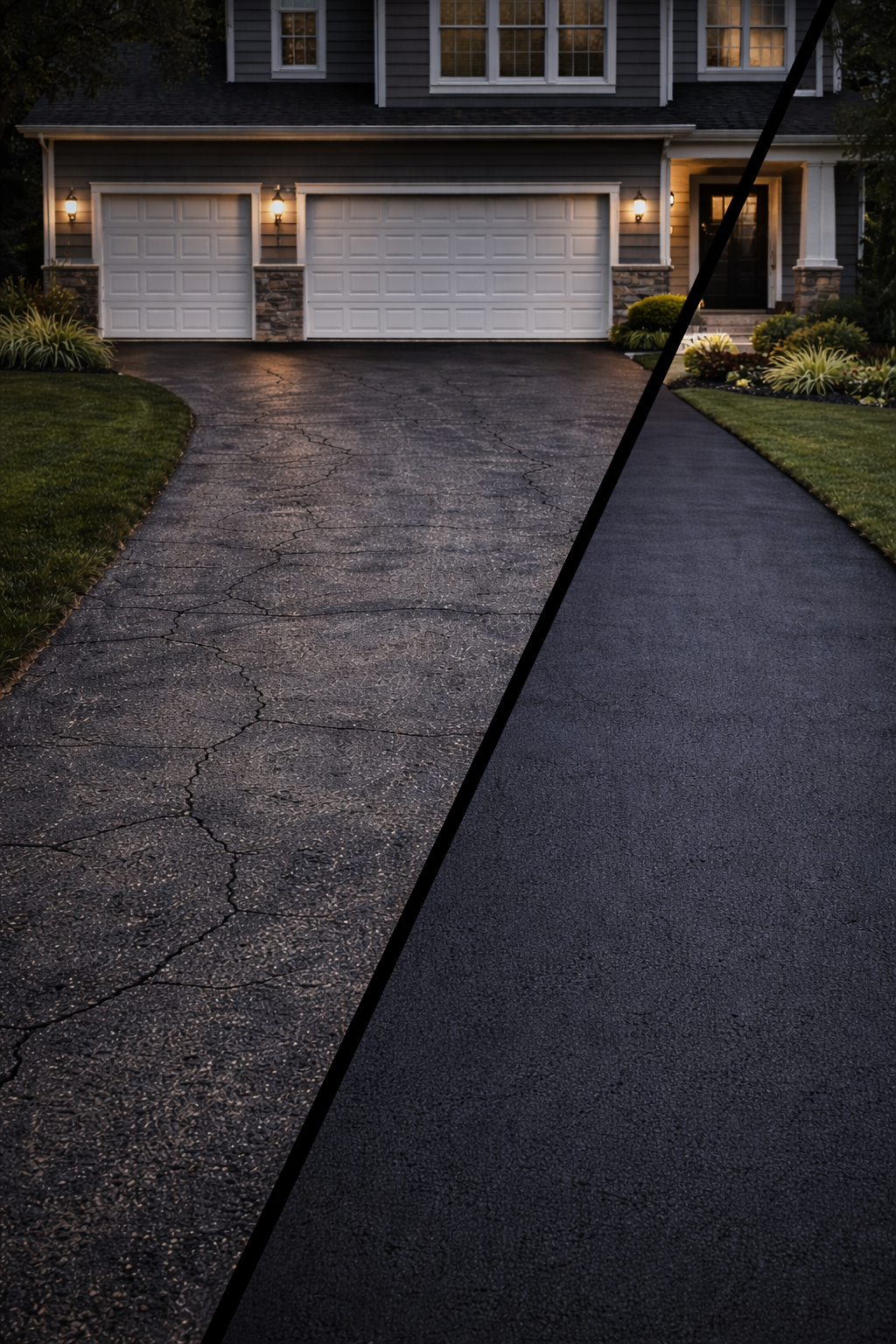 Comparison of two driveways: one cracked and aged asphalt on the left, with a smooth, newly paved asphalt on the right, leading to a house with a garage and some landscaping.