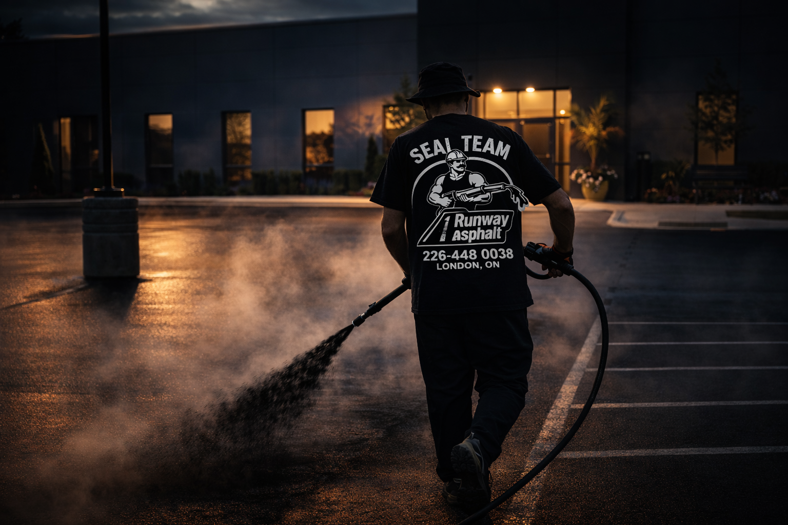 A worker in a black t-shirt with white text and graphic in a parking lot at dusk, using a power washer to clean the asphalt, with steam and water spray visible behind him.