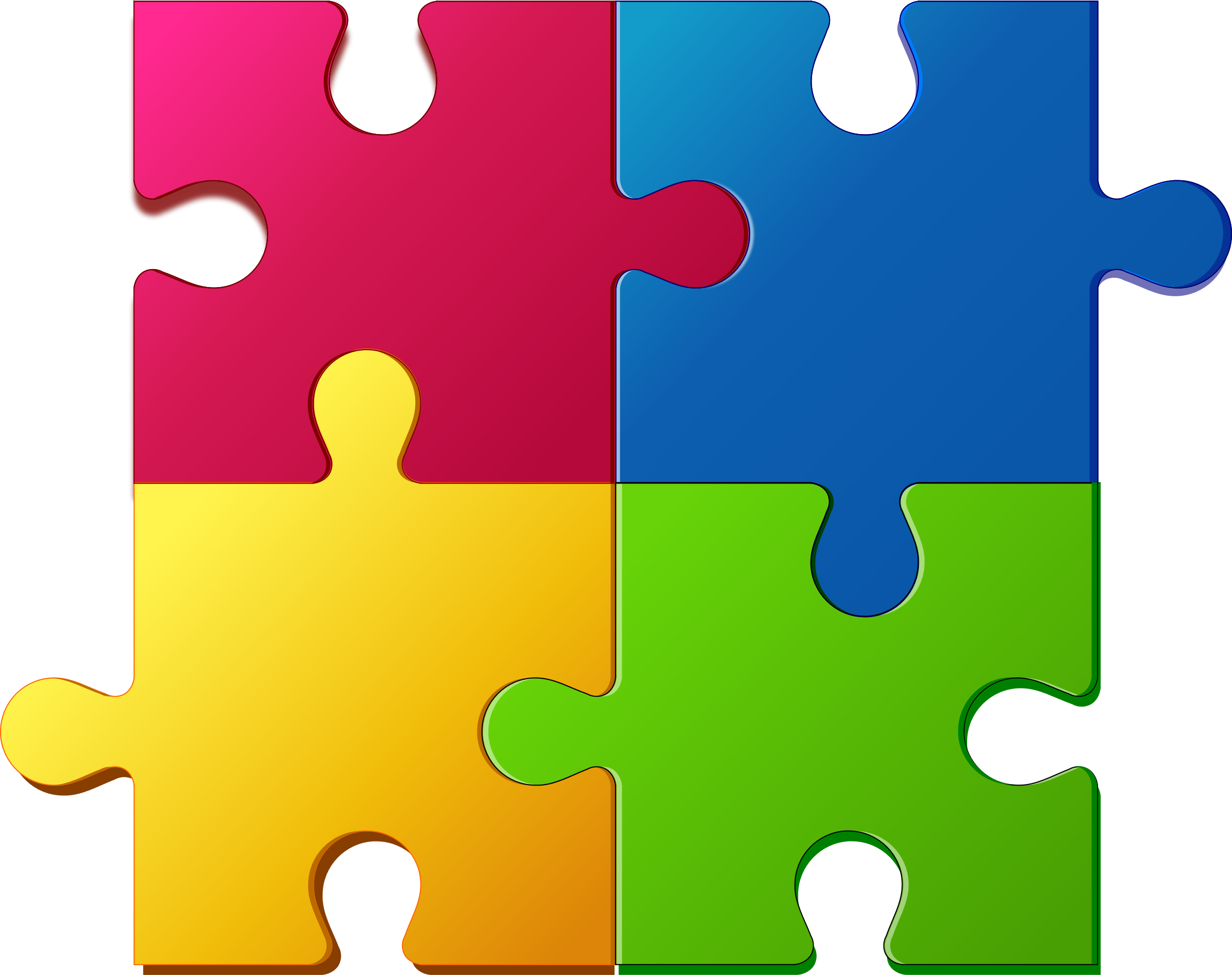 Four interlocking puzzle pieces in red, blue, yellow, and green.