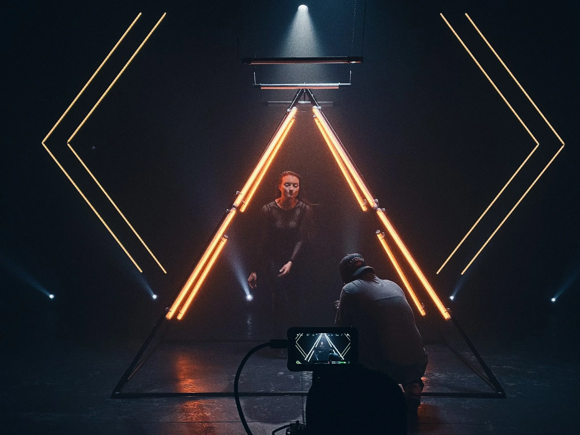 Custom Photoshoot Pyramid with rig point - Steel fabricated pyramid with a spinning rigging point up top to allow the photographer to get images using different apparatus. LV