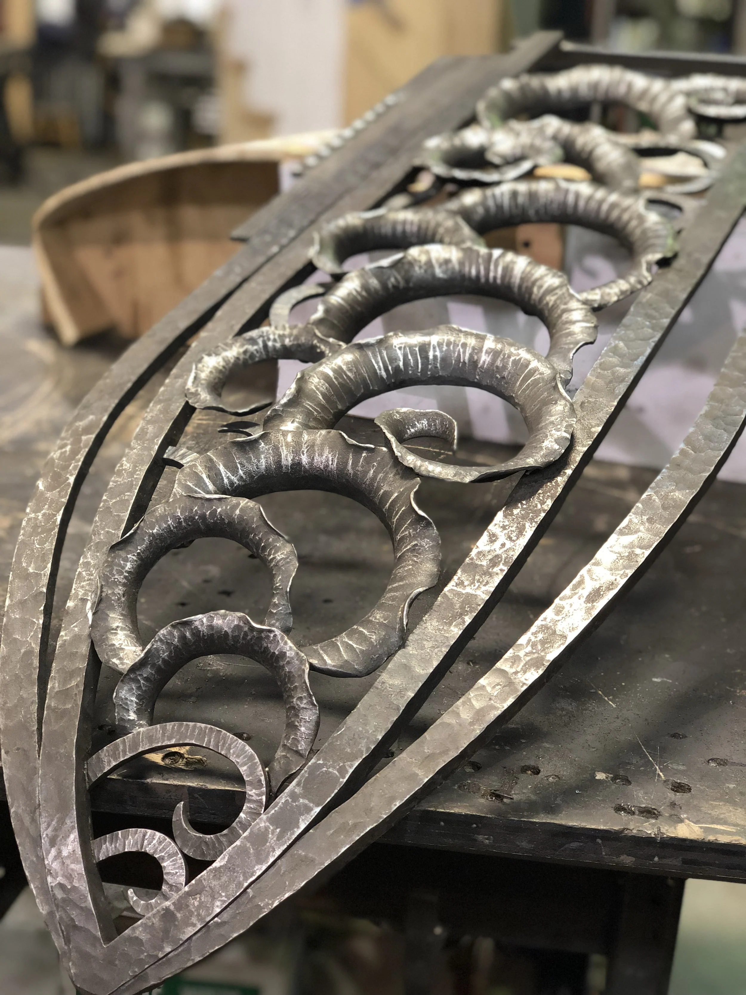 Console Table (close-up) - Commissioned to do a masterwork in the style of Jean Bureau.  All hand forged steel. NJ