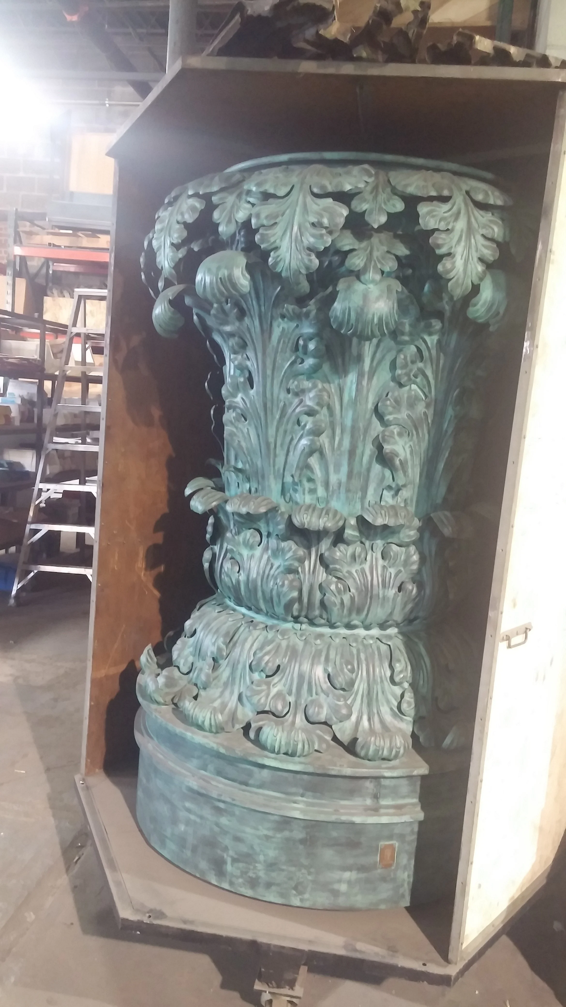 Torch of Honor - replicated torch from Lyon in France to a new location in New York, hand fabricated, repousse, and traditional patina, 10' in height.