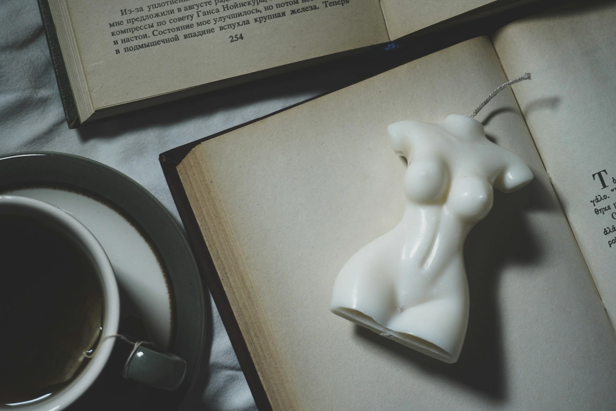 A close-up view of an open book with text in Russian, a white ceramic horse figurine, a cup of coffee, and part of a smartphone on a table. The horse has a string attached to its back.