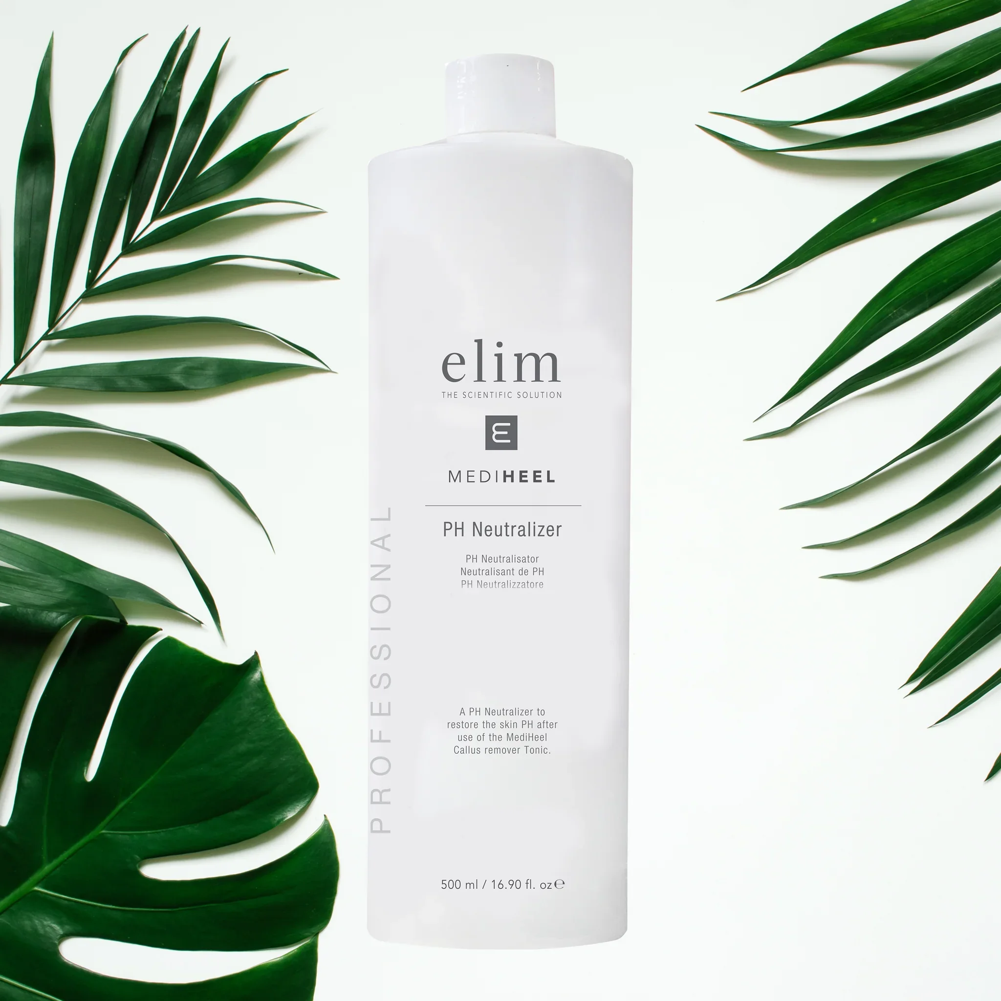 A white bottle labeled 'elim' with the tagline 'The scientific solution,' surrounded by green palm leaves, with additional text indicating it is a PH neutralizer.