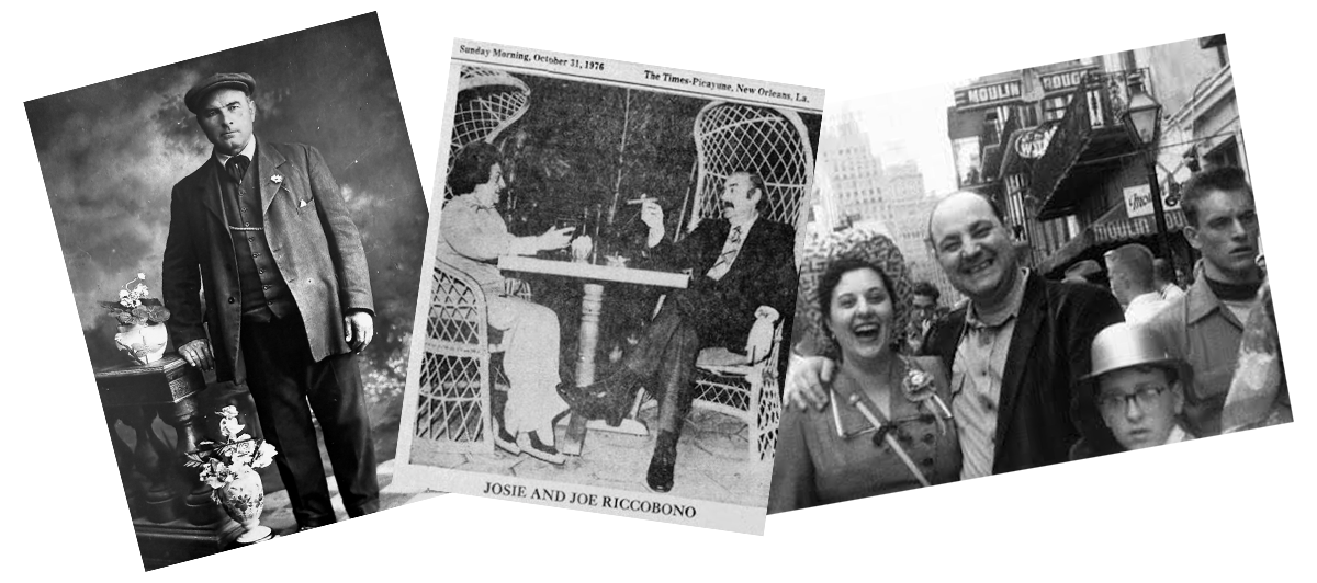 Collage of three black and white photographs: a man in formal attire standing near a table with flowers, a newspaper clipping of Josie and Joe Riccobono sitting outdoors, and a group of people smiling and walking on a city street.