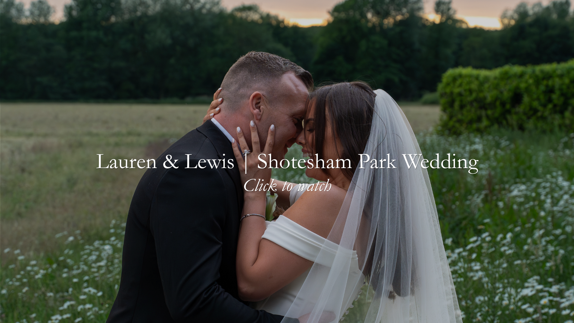 A newlywed couple, a man in a tuxedo and a woman in a wedding dress with a veil, embracing outdoors during sunset in a field with trees in the background.