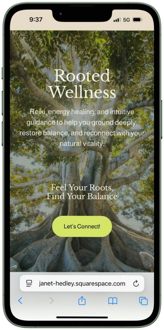 A mobile phone screen displaying a website titled "Rooted Wellness" with a background image of a large tree with sprawling roots and green foliage, promoting Reiki, energy healing, and intuitive guidance for grounding and balance.