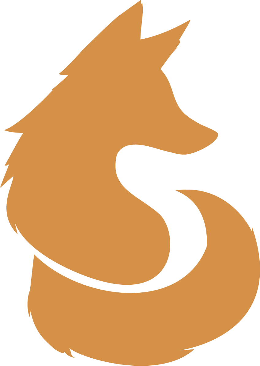 Un logo en forme de tête de renard stylisée de couleur marron foncé sur fond noir.