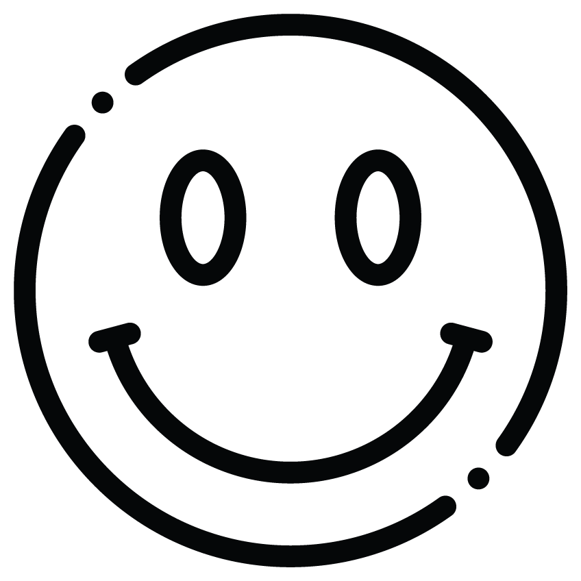 A black smiley face icon with a big grin and oval eyes