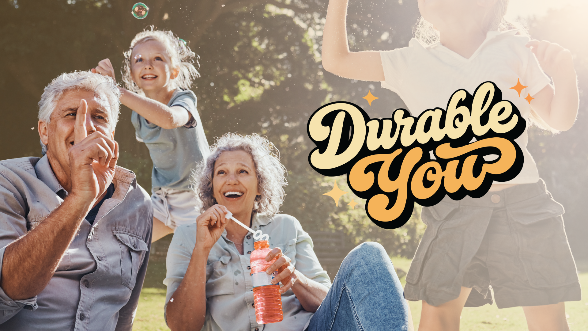 A group of four people, two  adults and two children, enjoying an outdoor gathering on a sunny day. They are happy and are engaged in playful activities. The image features the phrase 'Durable You' in stylized text.
