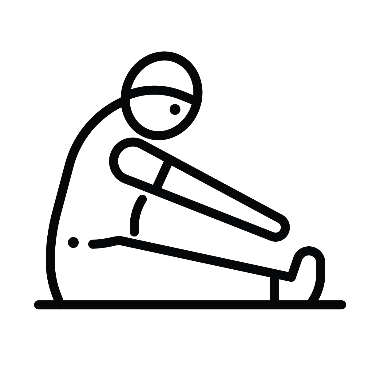A simple line drawing of a person sitting on the ground stretching.