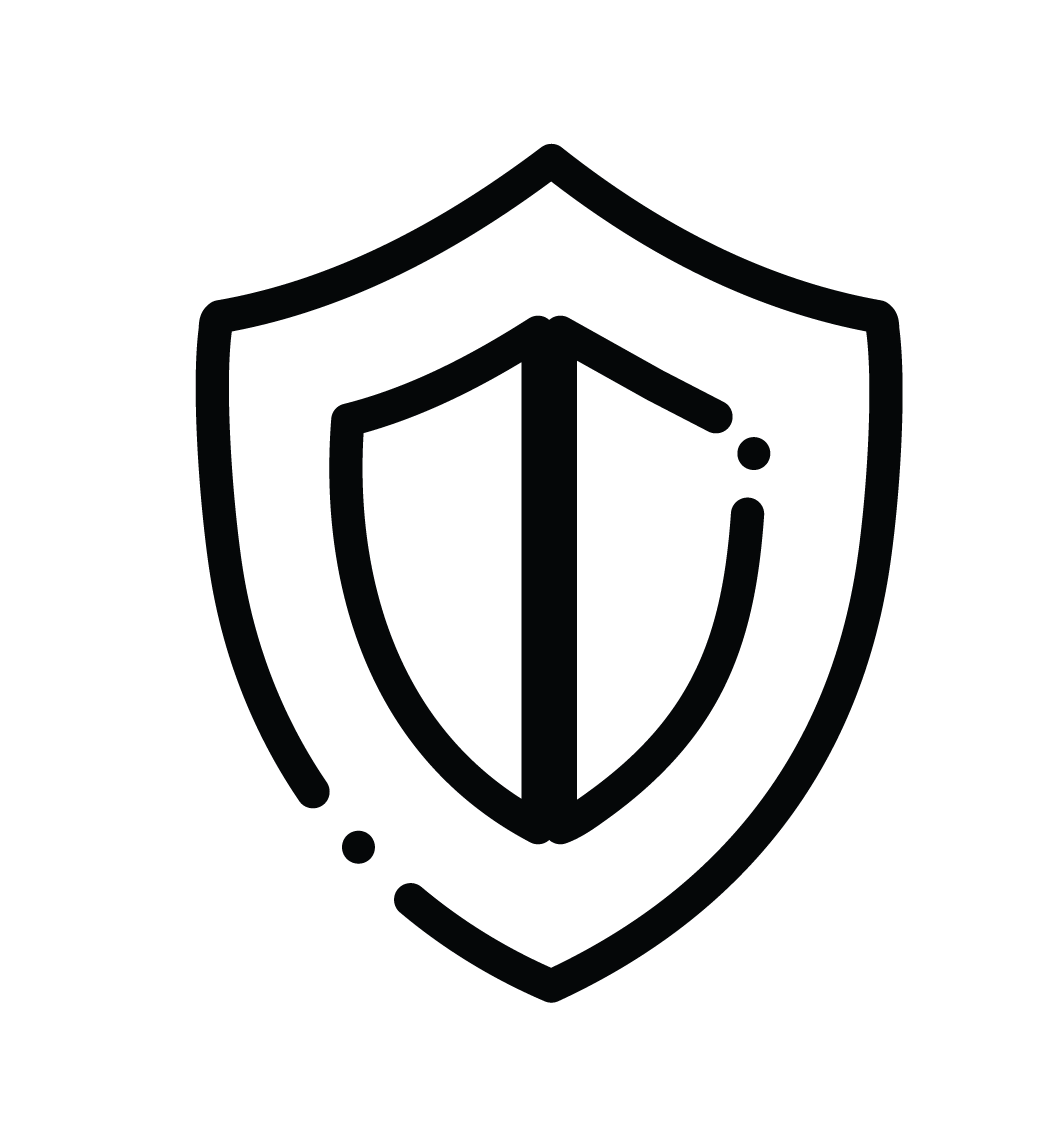 A black and white icon of a shield with a check mark inside, symbolizing protection.