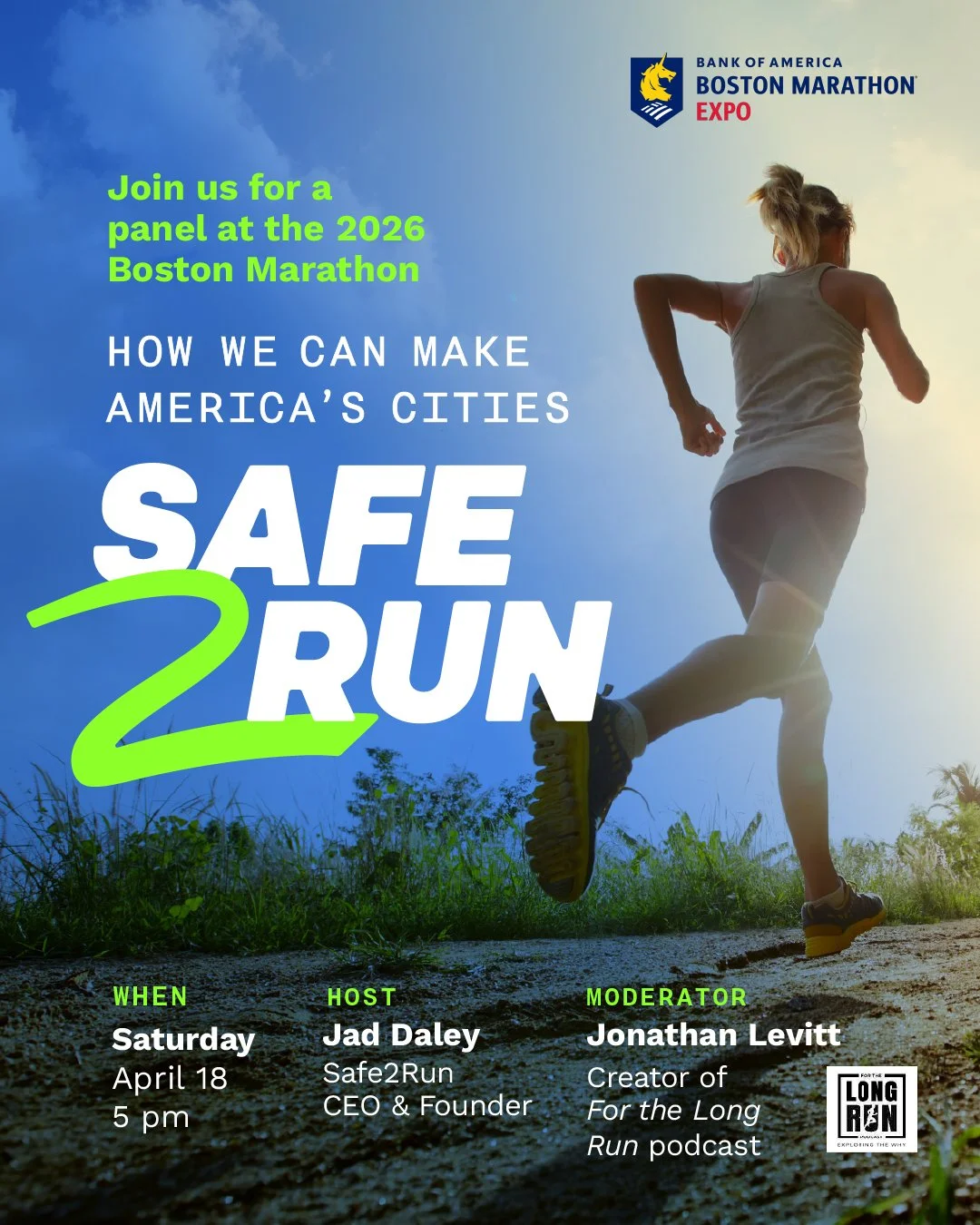 More than a feeling--Safe2Run is on stage at the @bostonmarathon Expo on Saturday at 5 PM with our awesome partners @jwlevitt of @forthelrpod @ashleylaurenraymond of @safelyselfdefense Margo Cramer of @oiselle and TEDx Star @connaghans. We will cover