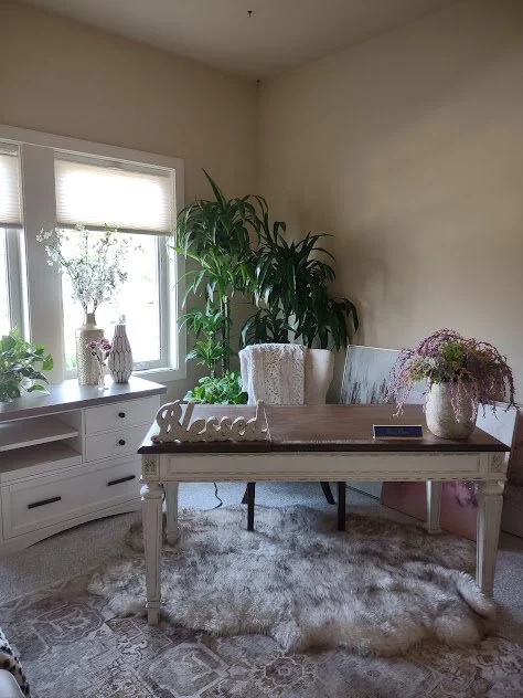 Full, textured plant grouping placed in a corner to enhance visual depth and provide a refined backdrop for video calls in a private residence, Boise, Idaho.