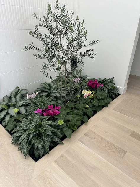 Interior atrium installation within a Prevent residence, featuring orchids and tropical foliage, designed to create a refined focal point and professionally maintained by the plant people in the Treasure Valley.