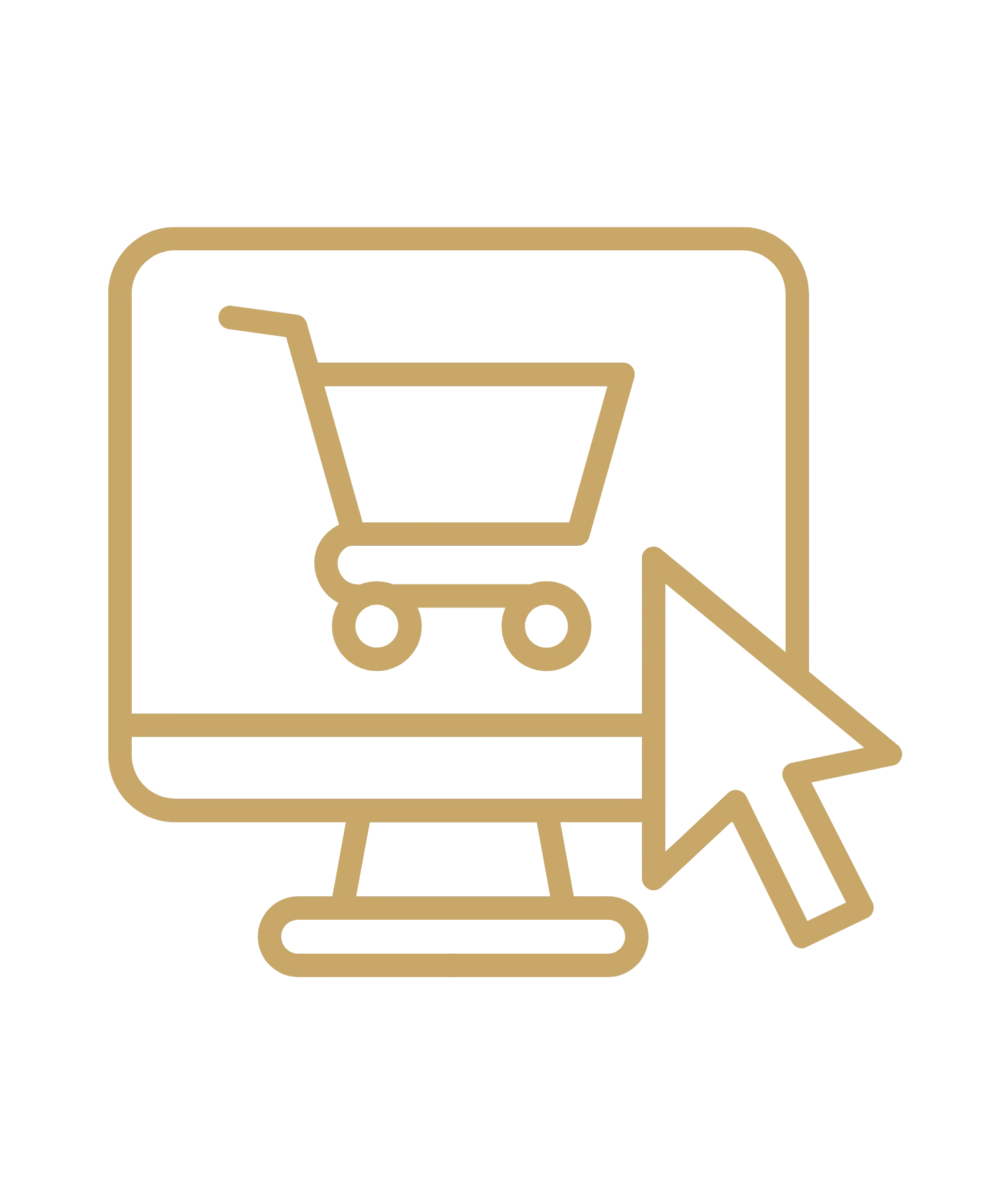 Online shopping icon with a shopping cart on a computer screen and a cursor pointer.