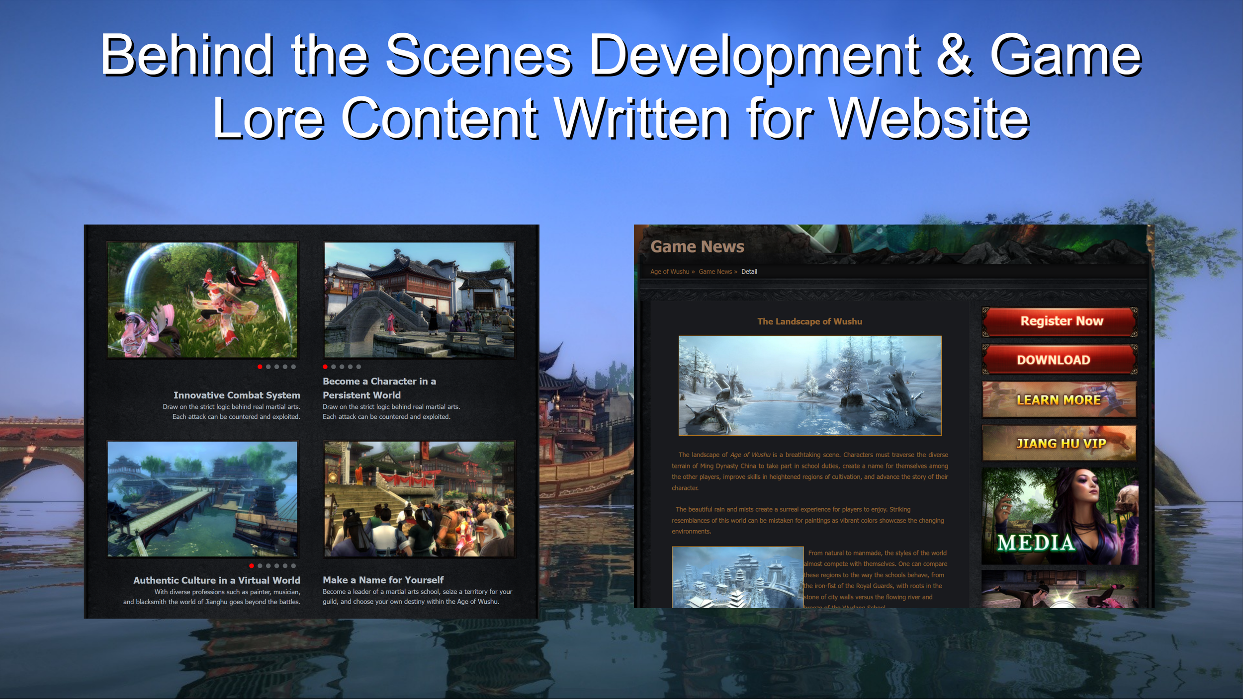 Slide presentation titled 'Behind the Scenes Development & Game Lore Content Written for Website' showing various game-related images and a website interface.