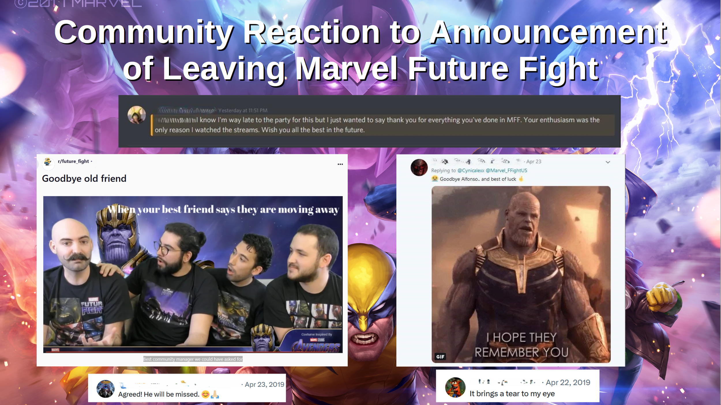 A digital collage with a Marvel Thanos background, featuring social media comments and memes about Marvel's future, with text overlay reading 'Community Reaction to Announcement of Leaving Marvel Future Fight.'