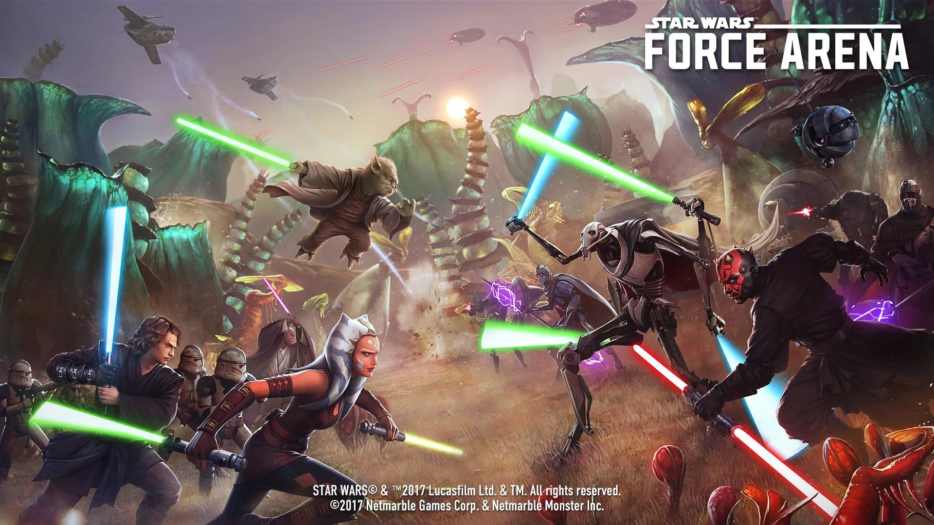 A battle scene from Star Wars focusing on characters and droids fighting with lightsabers and blasters in a colorful alien landscape with large plants, flying ships, and explosions.