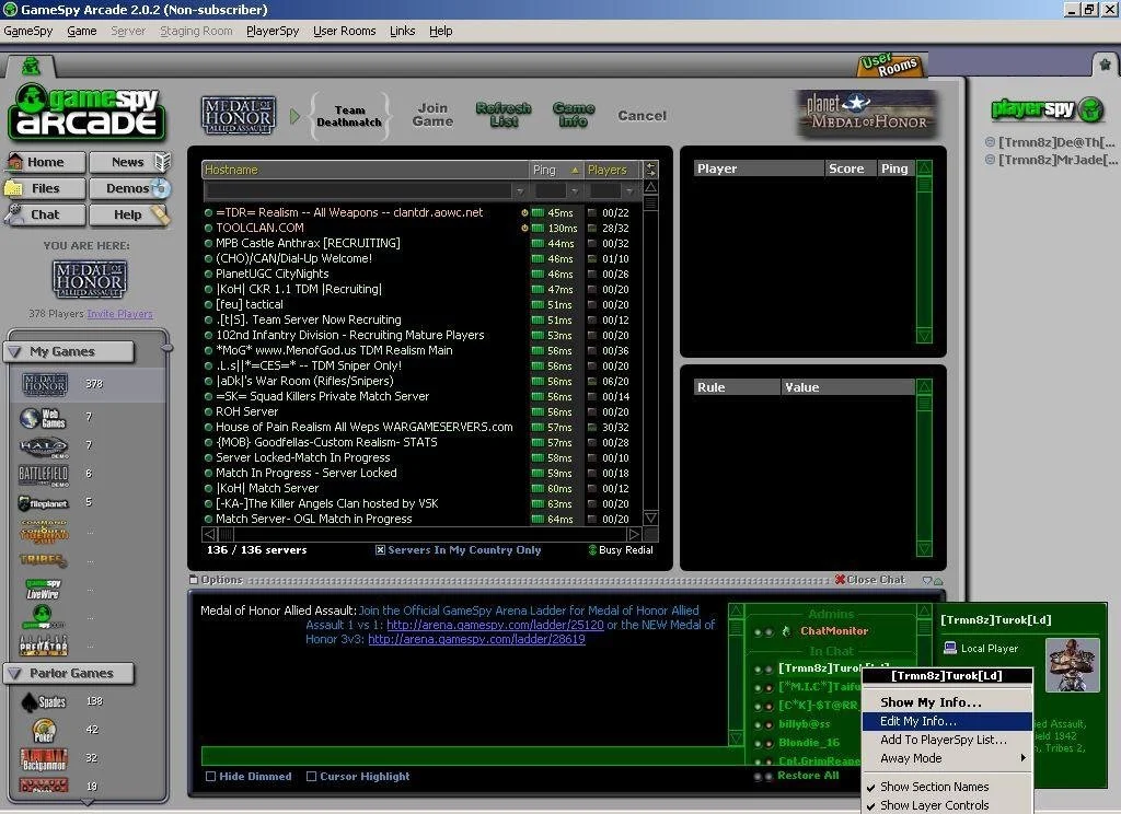 Screenshot of the GameSpy Arcade 2.0.2 interface showing server list, chat window, and game categories on the left side. The interface has a dark theme with green highlights.