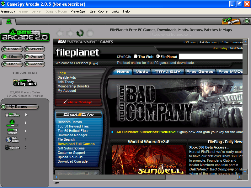 Screenshot of a computer screen displaying a website called FilePlanet, showing game downloads, including Battlefield: Bad Company and World of Warcraft v2.4, with navigation options and user stats.