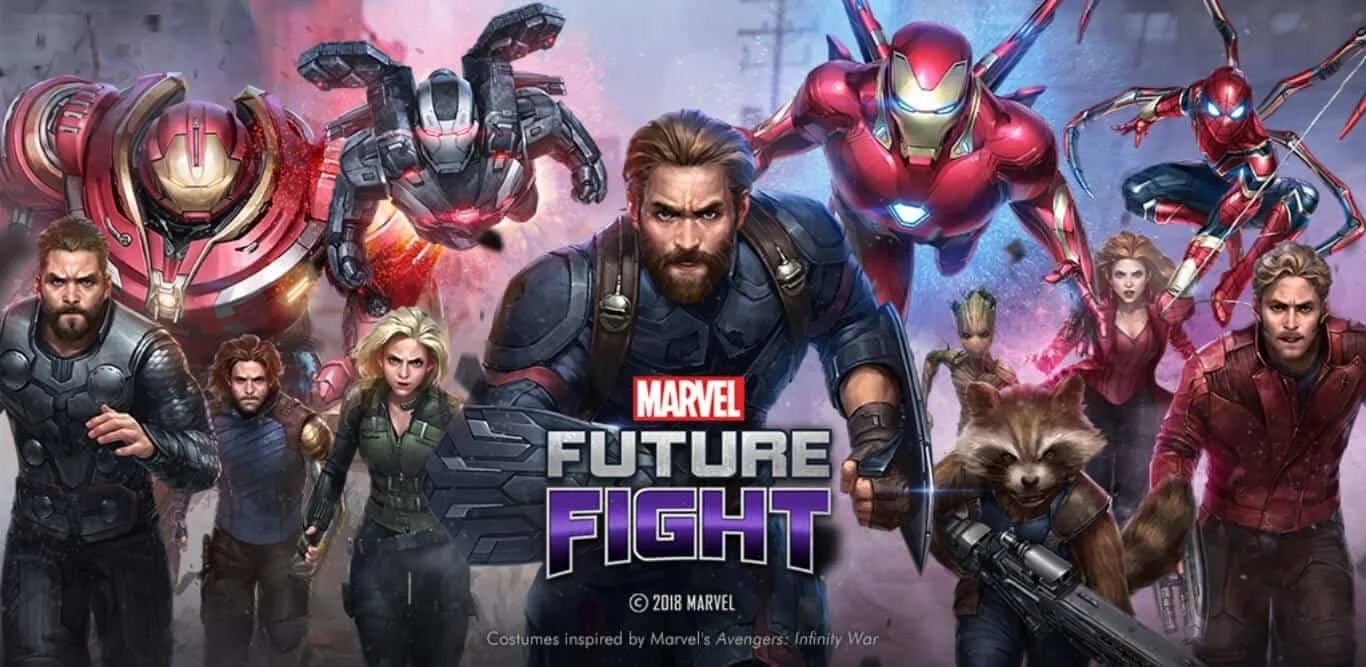 A digital artwork featuring Marvel characters from the movie "Future Fight," including Iron Man, Captain America, Thor, Scarlet Witch, Rocket Raccoon, and others, all in action poses.