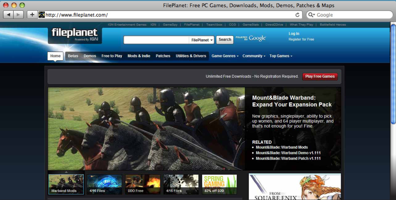 Screenshot of a website called FilePlanet, featuring a game showcase with armored horse riders and a promotional banner for Mount & Blade Warband expansion pack.