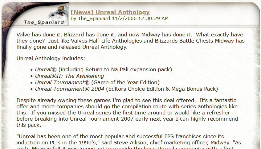 Screenshot of a webpage titled 'Unreal Anthology' from the news section, dated 11/2/2006, discussing video game releases including Unreal® series and Blizzard Battle Chests, with black text on a beige background and a small logo at the top left corner.