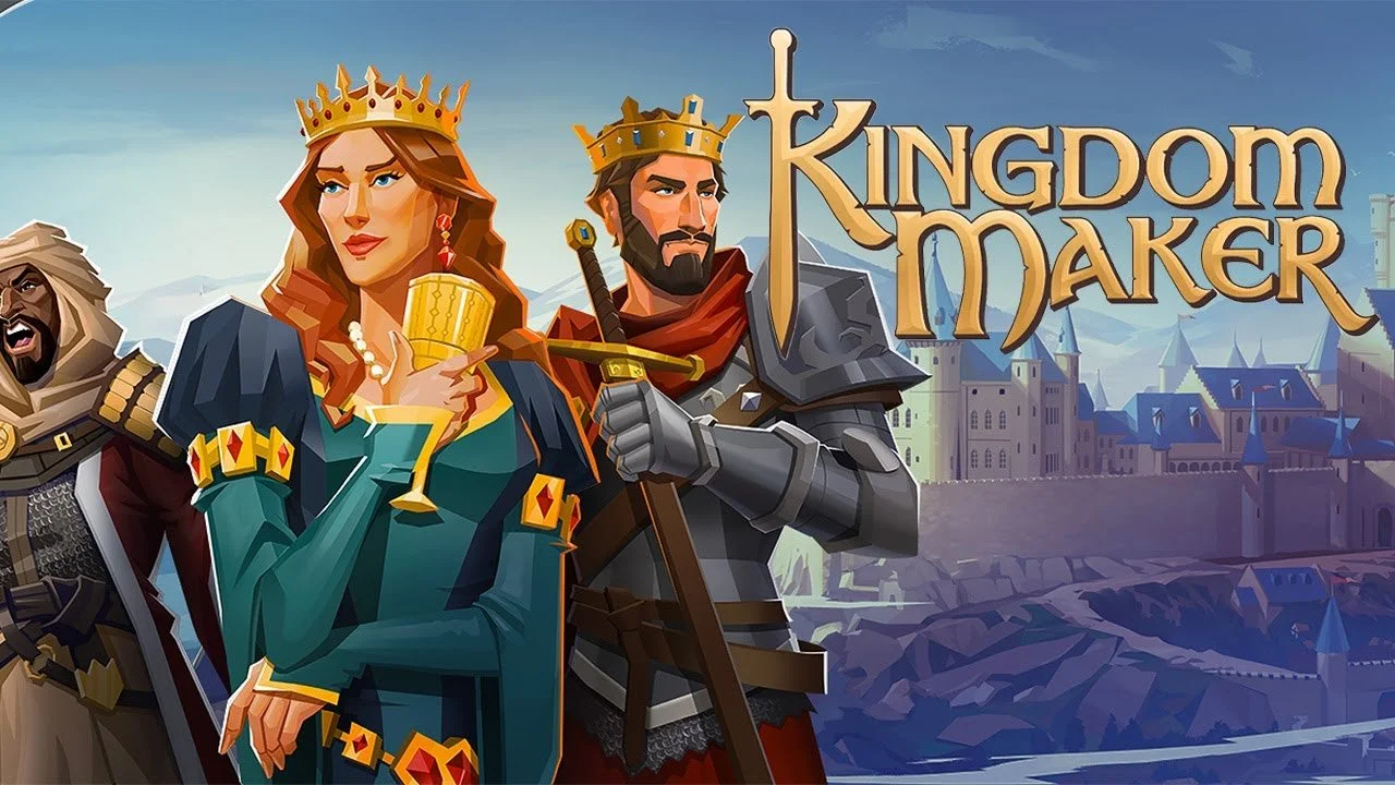 Illustration of a medieval king and queen with a castle in the background, titled 'Kingdom Maker'.