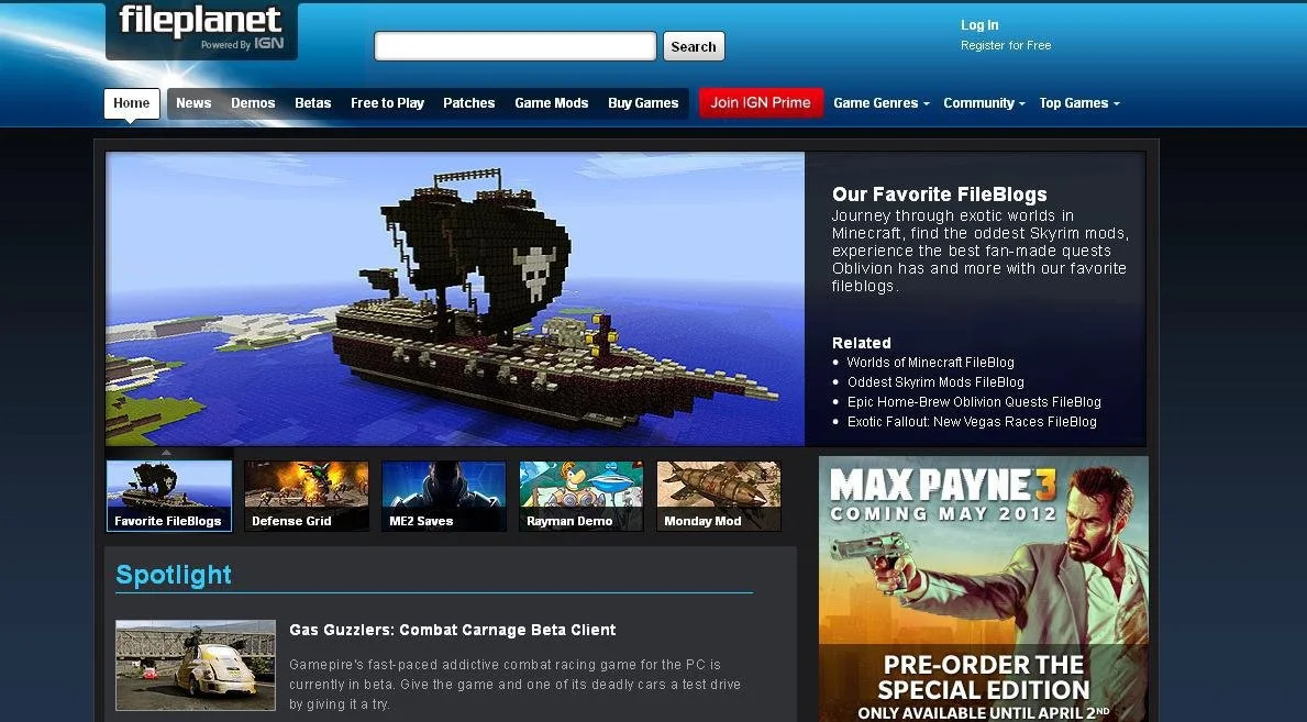 Screenshot of the Fileplanet website homepage featuring a pixelated ship with a black sail and skull emblem from Minecraft, along with banners for Max Payne 3 and a preview for Gas Guzzlers game.