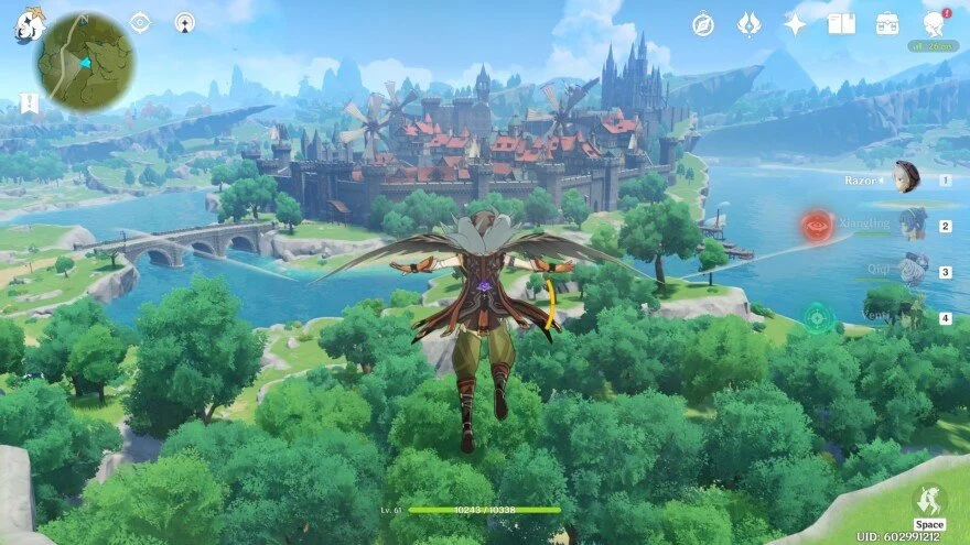 A character with wings flying over lush green trees toward a castle on a hill with windmills and a river.