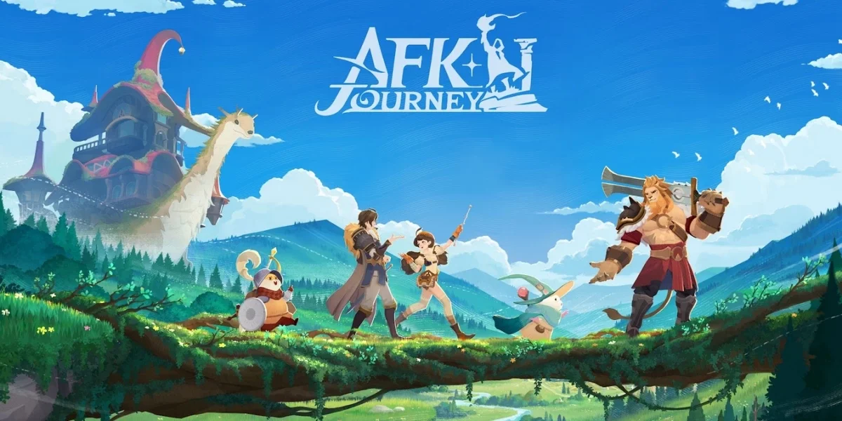 Digital illustration of characters from AFK Journey, a fantasy adventure game, with a large flying house and a dragon in the background, set in a lush green landscape under a blue sky with clouds and birds.