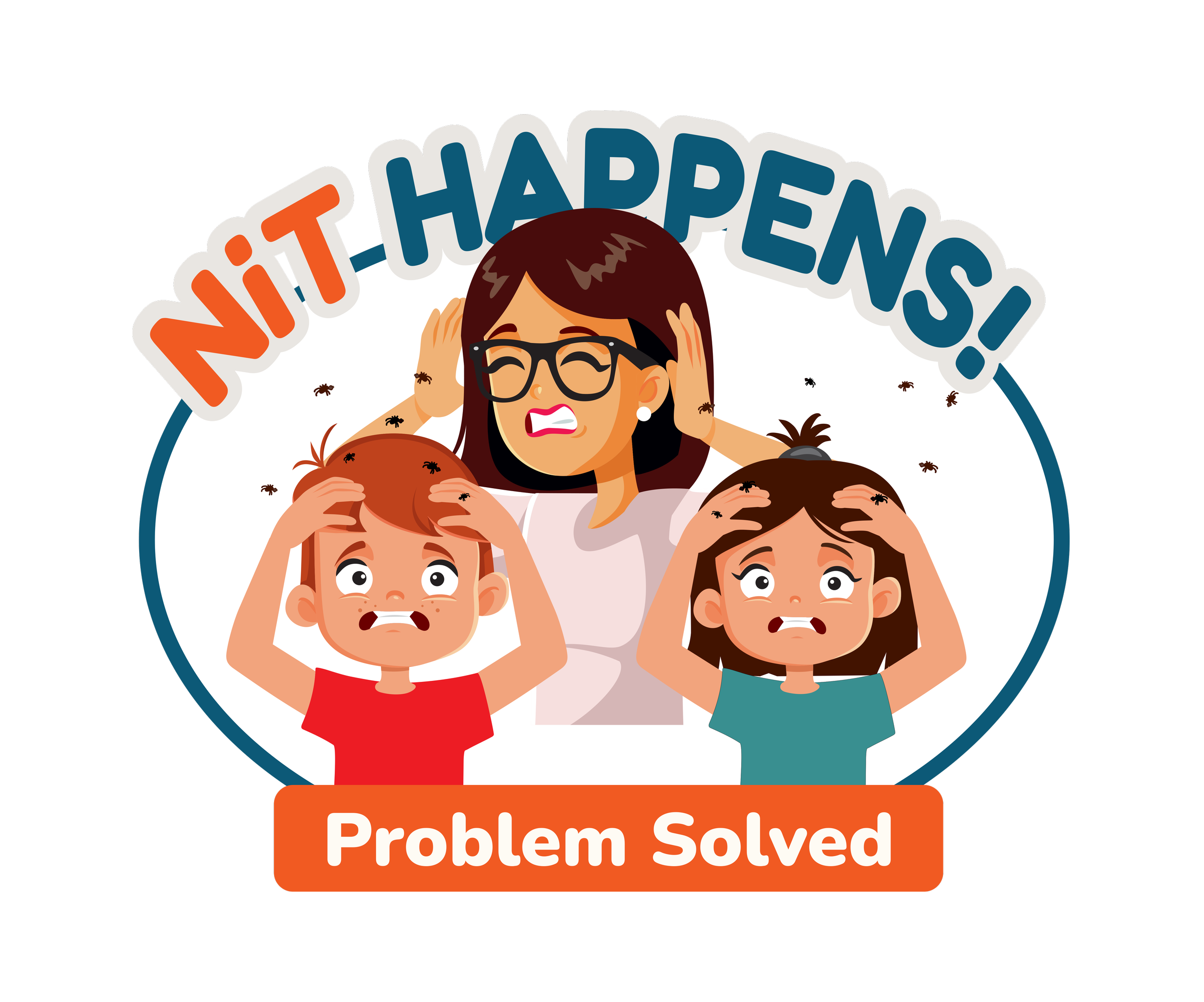 Cartoon illustration of a woman with glasses and brown hair, surrounded by children with messy hair and distressed expressions, holding potatoes. The text reads 'Problem Solved'.