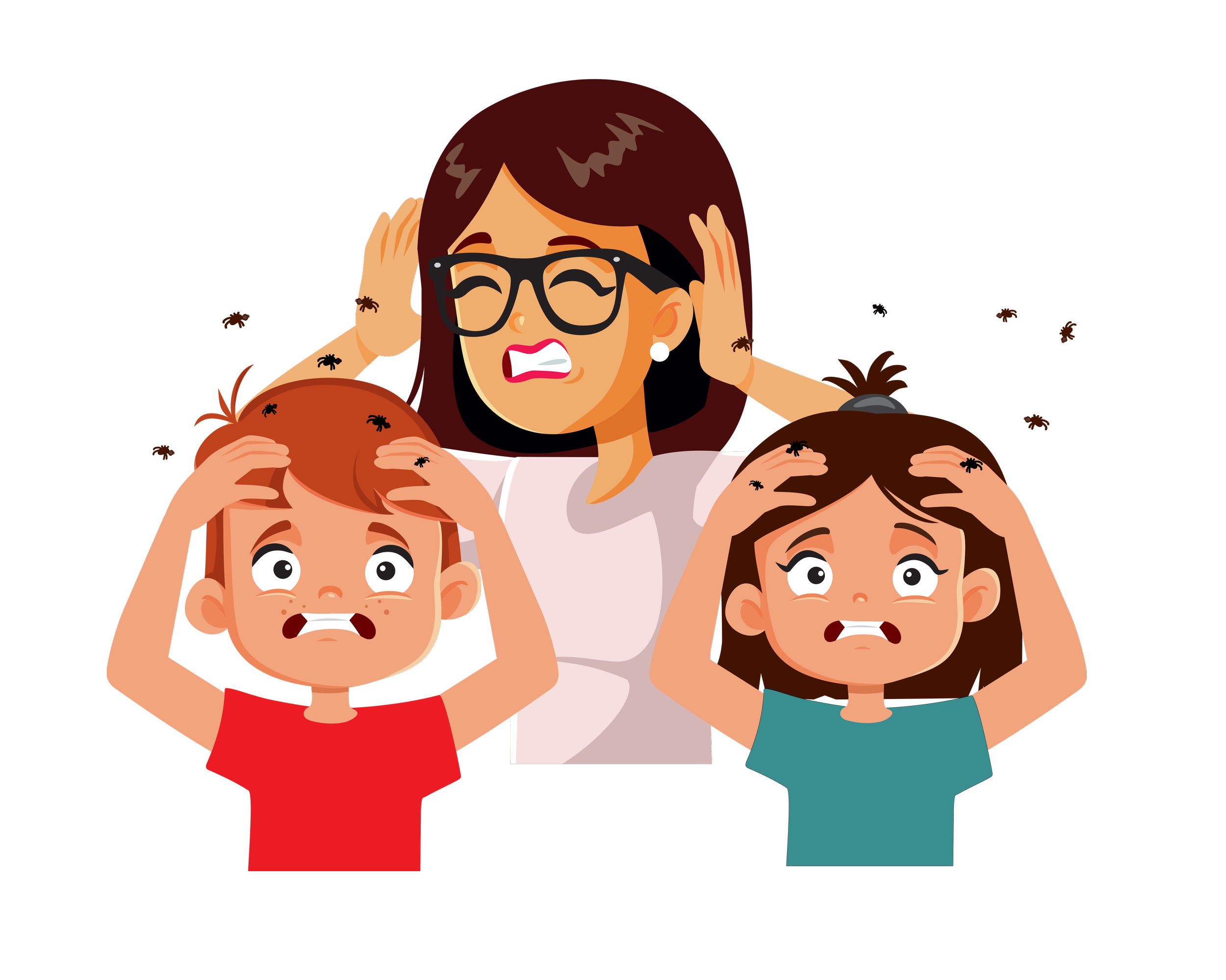 An animated woman with glasses appears stressed, holding her head, surrounded by four children also holding their heads, with ants crawling on them.