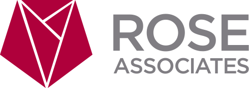 Logo of Rose Associates, featuring a geometric, stylized rose in pink and gray text reading 'ROSE ASSOCIATES'.