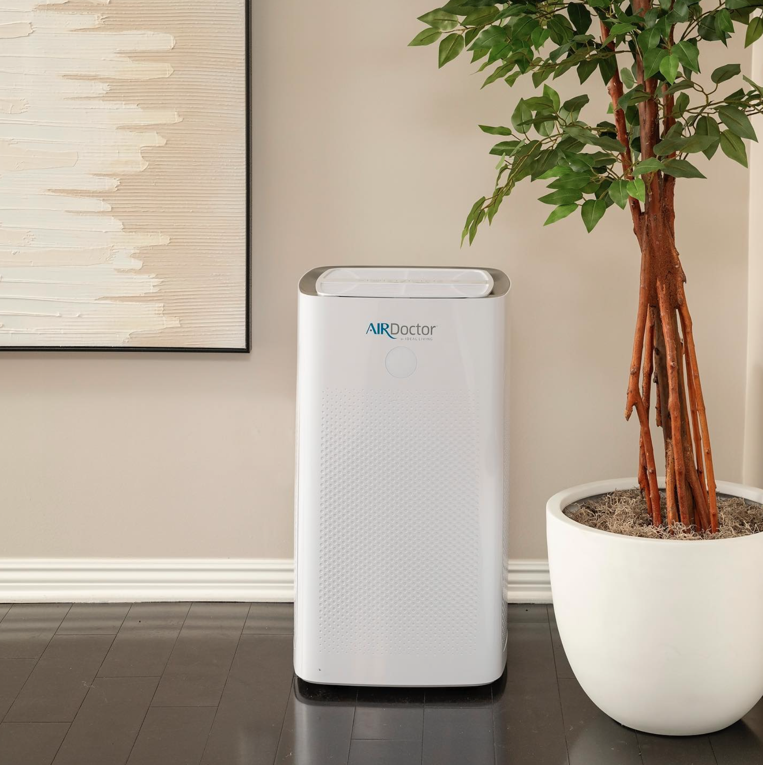A white air purifier labeled 'AIRDoctor' next to a large potted plant with green leaves and brown stems, on a dark wooden floor against a beige wall with a framed textured artwork.
