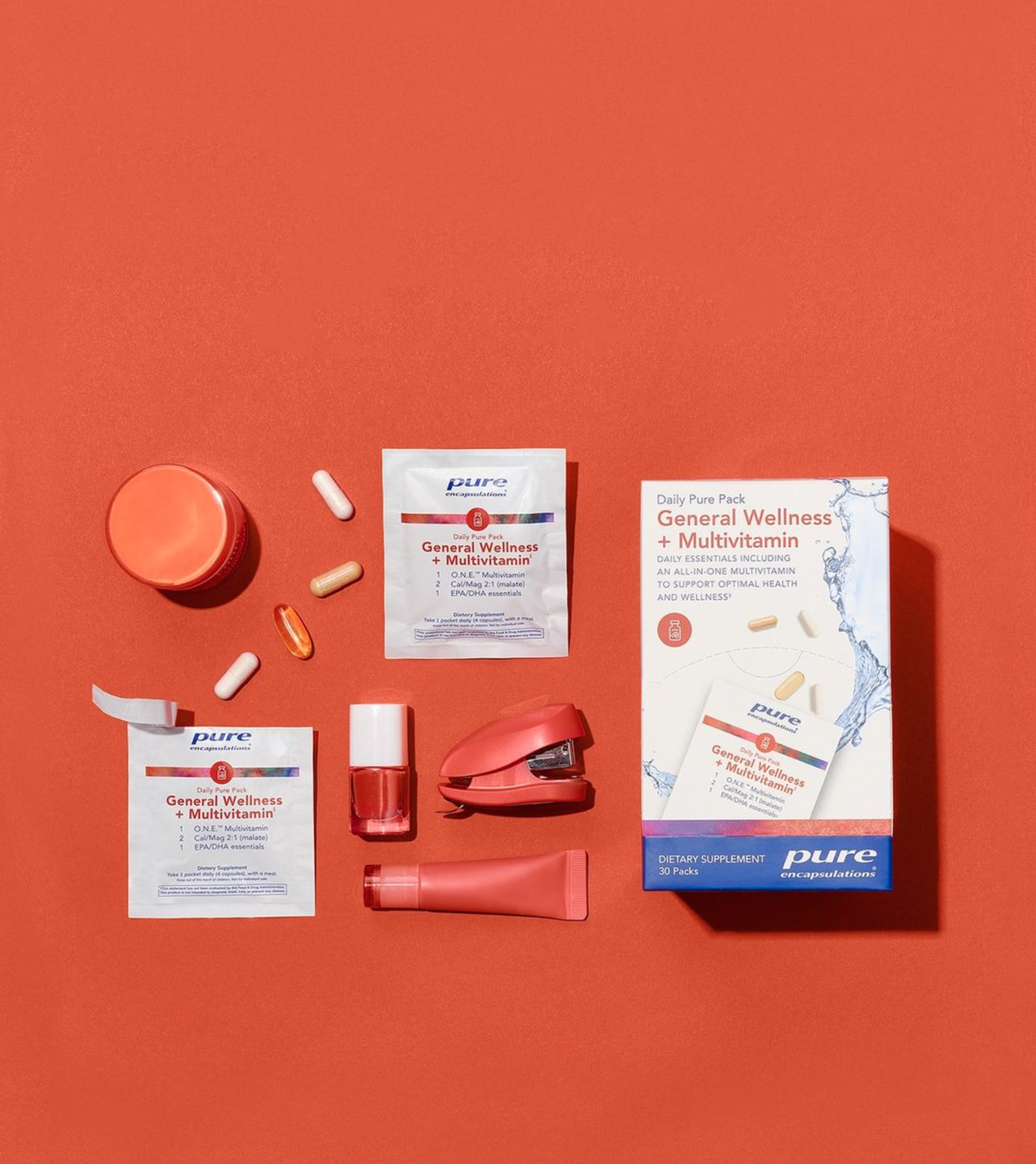 Various health supplement products, including packets of General Wellness + Multivitamin, capsules, a pill bottle, and a pill sharpener, arranged on an orange background.